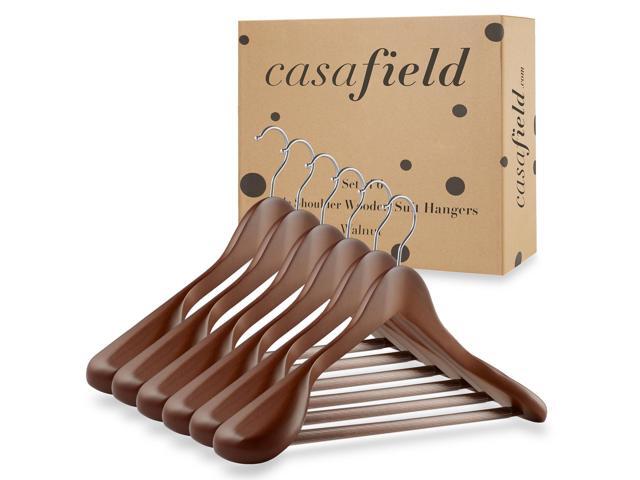 Casafield - 6 Walnut Wide Shoulder Wooden Suit Hangers - Premium Lotus Wood, Non-Slip Pant Bar & Chrome Swivel Hook for Dress Clothes, Coats,...