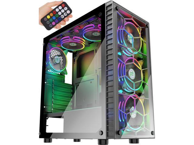 MUSETEX Phantom Black ATX Mid-Tower PC Gaming Case w/ 6pcs 120mm LED ARGB Fans Pre-Installed USB 3.0 Ports