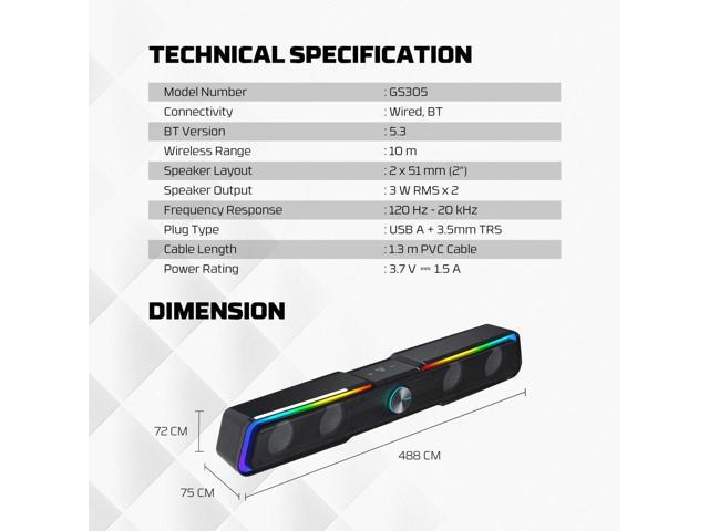 FANTECH BEAT BAR GS305 Dual Mode Gaming Speaker, Tuned Driver, 3W*2 Speakers, Deep Bass Boost, Dual Mode BT/3.5MM TRS, Black