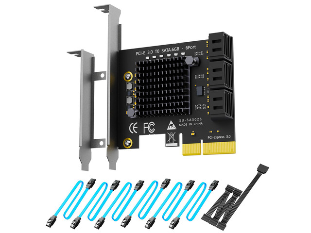 GLOTRENDS SA3026-C 6-Port PCIe X4 SATA Expansion Card with SATA and Power Cables