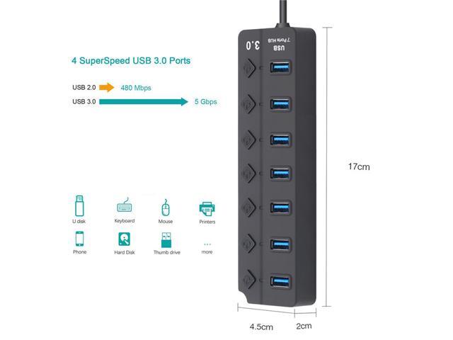 USB 3.0 High Speed Hub 7 Port USB 3.0 Hub Splitter On/Off Switch with US/EU Power Adapter for MacBook Laptop PC Accessories
