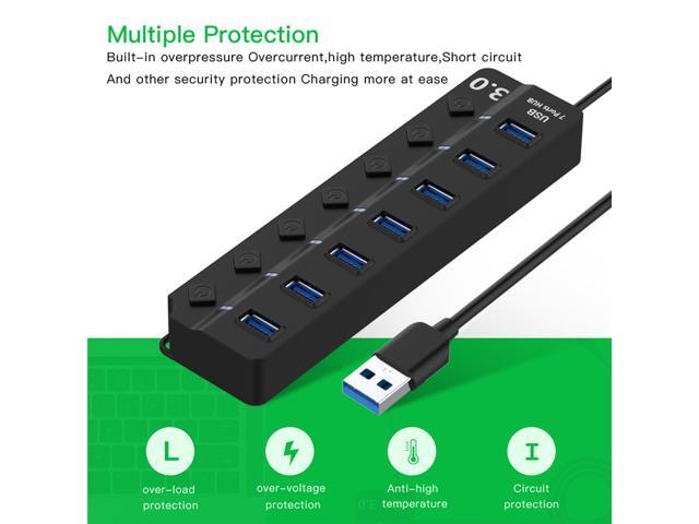 USB 3.0 High Speed Hub 7 Port USB 3.0 Hub Splitter On/Off Switch with US/EU Power Adapter for MacBook Laptop PC Accessories