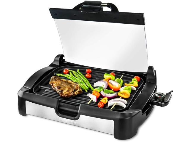 Ovente 2 in 1 Electric Countertop Powerful Contact Grill with Glass Lid & Nonstick Ceramic Grill & Griddle Plate, Portable Stainless Steel BBQ. photo