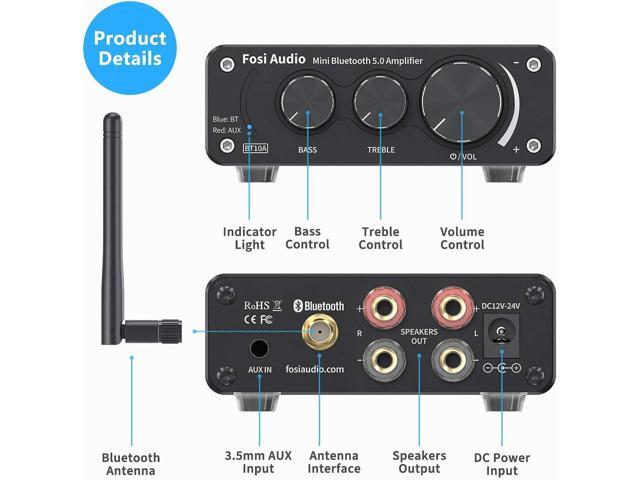 Fosi Audio BT10A Bluetooth 5.0 Stereo Audio Amplifier Receiver 2 Channel Class D Mini Hi-Fi Integrated Amp for Home Passive Speakers 50W x 2 TPA3116