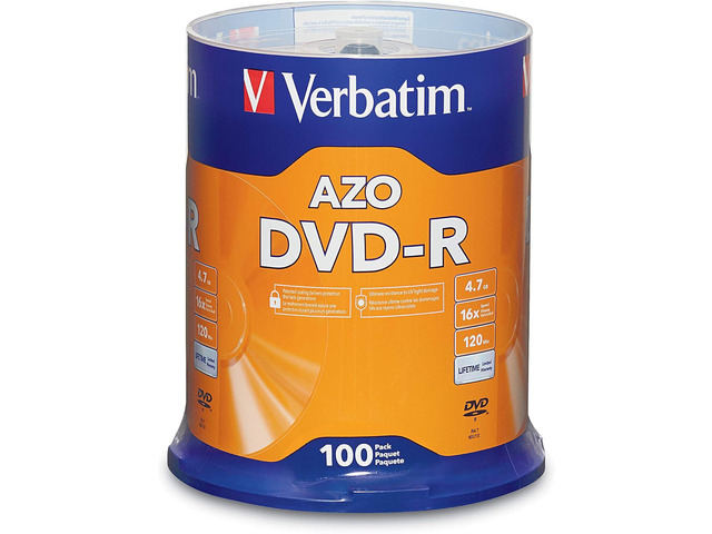 Verbatim DVD-R Blank Discs AZO Dye 4.7GB 16X Recordable Disc - 100 Pack Spindle Frustration Free Packaging
