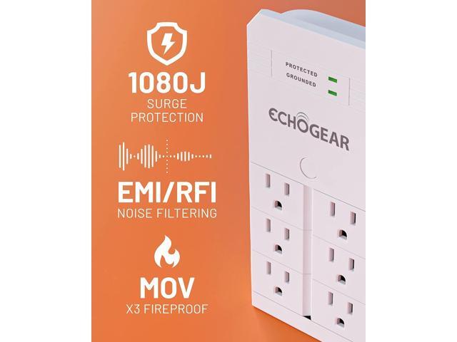 ECHOGEAR On-Wall Surge Protector with 6 Pivoting AC Outlets & 1080 Joules of Surge Protection - Low Profile Design Installs Over Existing Outlets...