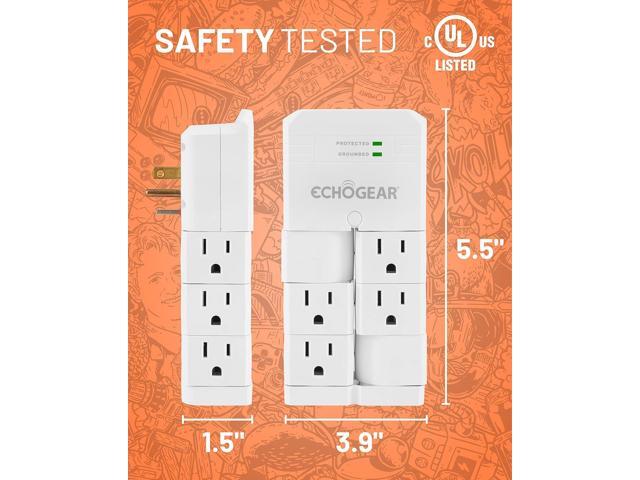ECHOGEAR On-Wall Surge Protector with 6 Pivoting AC Outlets & 1080 Joules of Surge Protection - Low Profile Design Installs Over Existing Outlets...