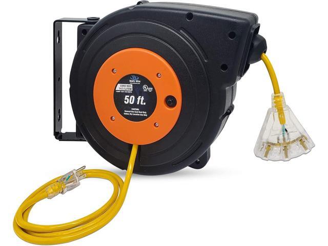 50 ft - 14 Gauge Retractable Extension Cord Reel - Heavy Duty Cable Reel w/Multi Outlet Lighted Receptacle - Premium Grade 13 Amp Extension Cord...