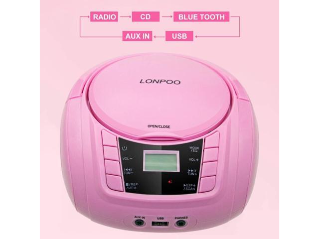 LONPOO Portable Boombox - CD Player, Bluetooth, USB, MP3, AUX, FM Radio, Portable, Built-in Stereo Speakers, Carrying Handle, LCD Display, Pink