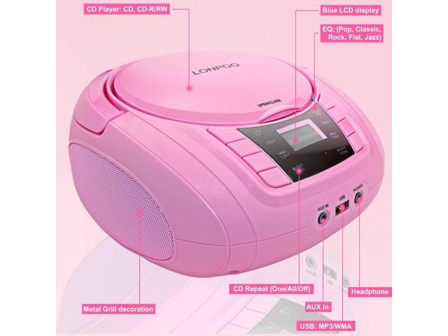LONPOO Portable Boombox - CD Player, Bluetooth, USB, MP3, AUX, FM Radio, Portable, Built-in Stereo Speakers, Carrying Handle, LCD Display, Pink