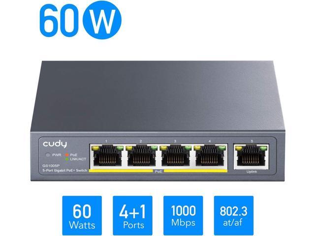 Cudy GS1005P 5 Port Gigabit Ethernet Unmanaged PoE+ Switch, with 4 x PoE+ @ 60W, Desktop/Wall, Sturdy Metal Fanless Housing, 802.3af, 802.3at,...