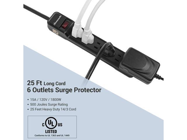 DEWENWILS 2-Pack Power Strip Surge Protector,25 Ft Extra Long Extension Cord, Low Profile Flat Plug,15 Amp Circuit Breaker, 500 Joules, Wall Mount,...
