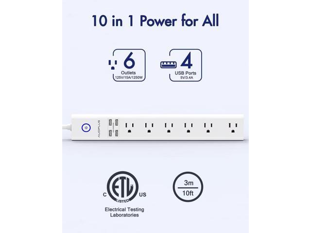 Power Strip 10Ft - Surge Protector with USB, AUOPLUS 6 Outlet and 4 USB Charger, 10Ft Long Extension Cord Flat Plug(1250W/10A/2100J), Wall...