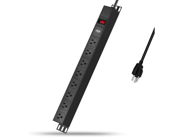 KMC 8-Outlet Metal Power Strip Surge Protector, Rack Mount PDU, Metal Mounting Brackets, 6 Foot Extension Cord, 1800 Joules, 125V/15A, Black