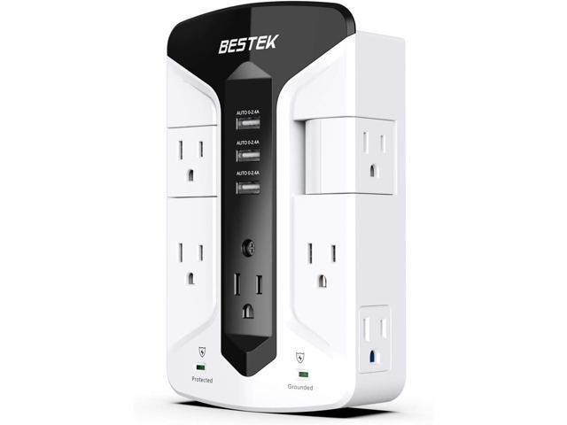 BESTEK 7-Outlet Wall Tap Surge Protector Power Strip with Swivel Outlets, 3 USB Charging Ports, 900 Joule Surge Suppression, Top Phone Holder