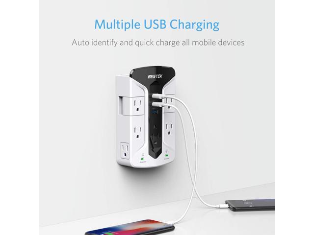 BESTEK 7-Outlet Wall Tap Surge Protector Power Strip with Swivel Outlets, 3 USB Charging Ports, 900 Joule Surge Suppression, Top Phone Holder