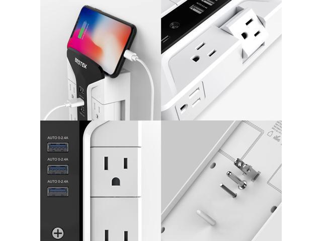 BESTEK 7-Outlet Wall Tap Surge Protector Power Strip with Swivel Outlets, 3 USB Charging Ports, 900 Joule Surge Suppression, Top Phone Holder