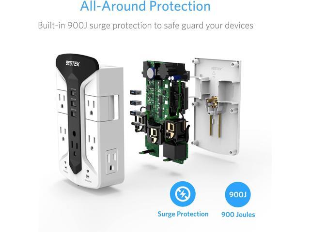 BESTEK 7-Outlet Wall Tap Surge Protector Power Strip with Swivel Outlets, 3 USB Charging Ports, 900 Joule Surge Suppression, Top Phone Holder