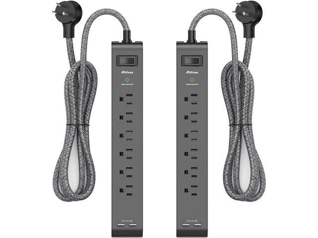 2 Pack Surge Protector Power Strip with 6 Outlets 2 USB Ports 5-Foot Long Heavy-Duty Braided Extension Cords Flat Plug 900 Joules 15A Circuit.