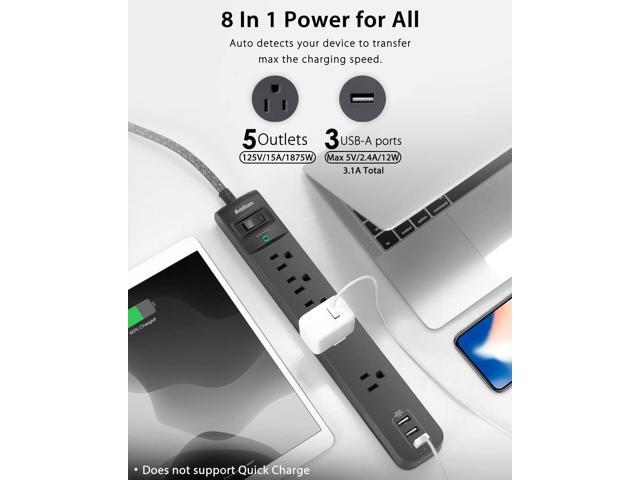 2 Pack Power Strip Surge Protector - 5 Widely Spaced Outlets 3 USB Charging Ports, 1875W/15A with 6Ft Braided Extension Cord, Flat Plug, Overload...