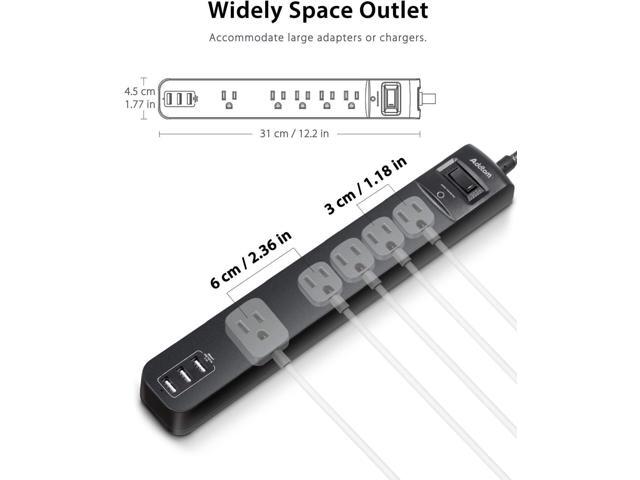 2 Pack Power Strip Surge Protector - 5 Widely Spaced Outlets 3 USB Charging Ports, 1875W/15A with 6Ft Braided Extension Cord, Flat Plug, Overload...