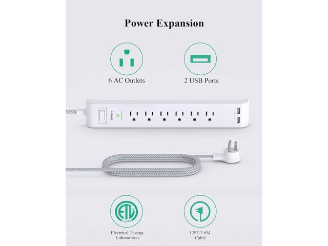 2 Pack Power Strip, 12FT Long Extension Cord, Surge Protector with 6 Outlets and 2 USB Charging Ports, Flat Plug Overload Protection, Extension...