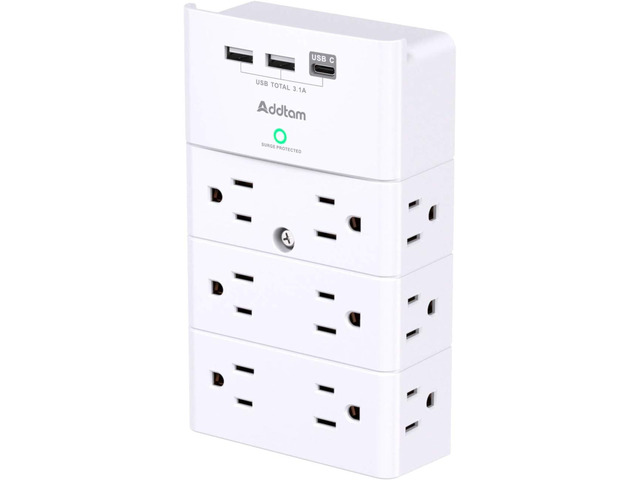 Addtam Outlet Extender with 12 AC Outlets and 3 USB Ports (1 USB-C), White Multi Plug Wall Outlet, Surge Protector Wall Mount for Home Office...