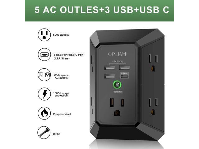 USB Wall Charger, Surge Protector, QINLIANF 5 Outlet Extender with 4 USB Charging Ports (4.8A Total) 3-Sided 1680J Power Strip Multi Plug Outlets...