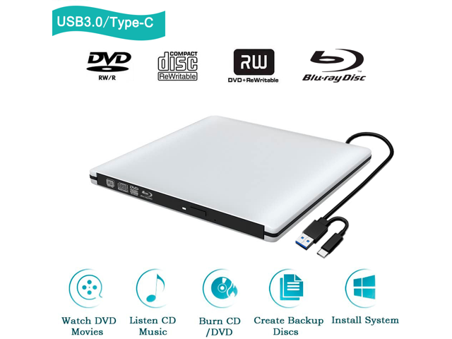 TROPRO External 3D Blu ray CD DVD Drive, Portable USB 3.0 and Type-C Blu-ray CD/DVD+/-RW Burner Player Writer Reader Rewriter for PC Netbook Laptop.