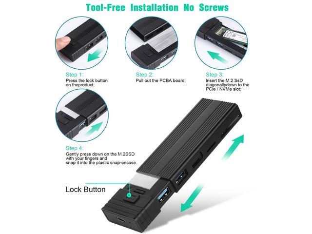 M.2 NVME SATA SSD Enclosure Adapter Tool-Free, RTL9210B Chips, USB C 3.1 Gen 2 10Gbps NVME, 6Gbps SATA PCIe M-Key(B+M Key) with 2 USB Ports, SD/TF...