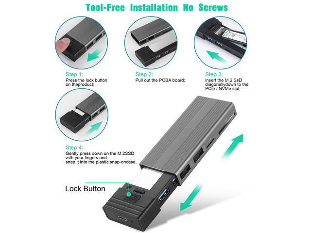 M.2 NVME SATA SSD Enclosure Adapter Tool-Free, RTL9210B Chips, USB C 3.1 Gen 2 10Gbps NVME, 6Gbps SATA PCIe M-Key(B+M Key) with 2 USB Ports, SD/TF...