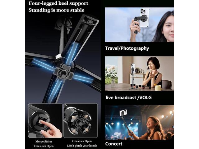 4-in-1 Multifunctional Magnetic Selfie Stick, 360°Rotation Phone Stand with Wireless Remote for iPhone & Android, Phone Tripod for Home, Travel,...