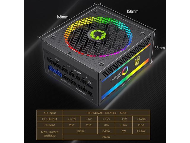 Power Supply 850W Fully Modular 80+ Gold Certified with Addressable RGB Light - Vairous Color Mode, RGB-850W