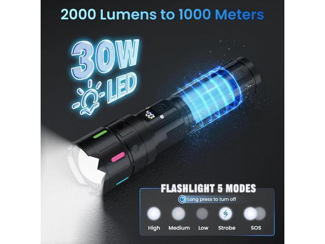 Rechargeable Flashlight, 2000 High Lumens, 5 Modes Super Bright LED Flashlight, USB-C Charging,1000m Long Distance, IPX54 Waterproof for Camping...