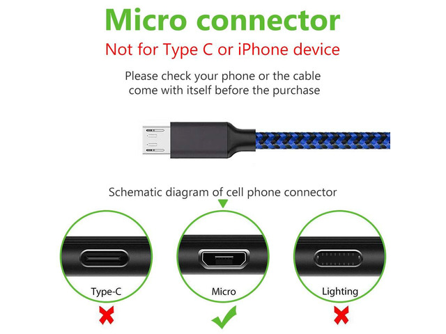 Micro USB Cable, 3Pack 6FT Android Charger Cord Long Braided Sync Fast Charging Cables Compatible with Samsung Galaxy S6 S7 Edge, Android Phone -Blue