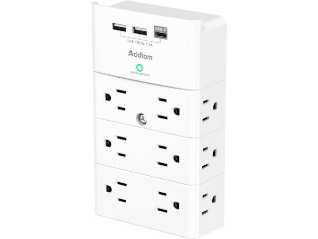 Multi Plug Outlet - Addtam Surge Protector Wall Mount with 12 Outlet Extender- 3 Sides and 3 USB Ports (1 USB-C), Outlet Splitter Power Strip for...