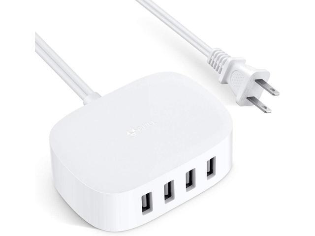 USB Charging Station 4 Port - BULL USB Charger Block Multiple USB Charging Station, USB Wall Charger USB Charger Cable White 6ft USB Charging Hub...