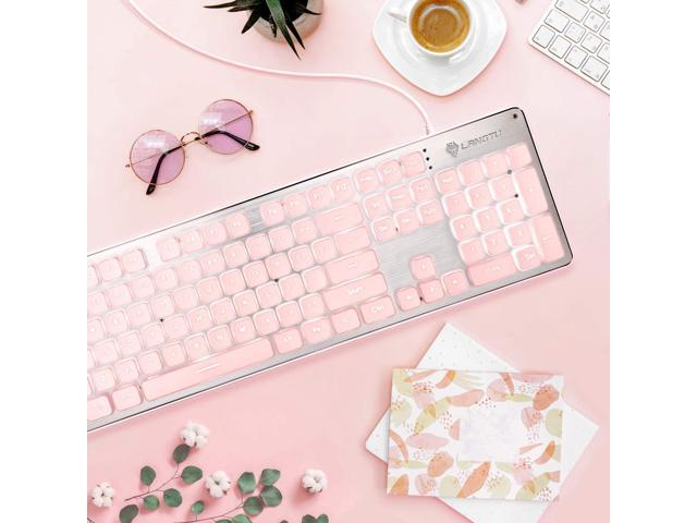 LANGTU Computer Keyboard, Backlit LED Pink for Office, All-Metal Panel USB Wired Membrane, 25 Keys Anti-ghosting, 104 Keys Laptop Compatible