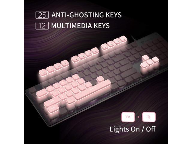 LANGTU Computer Keyboard, Backlit LED Pink for Office, All-Metal Panel USB Wired Membrane, 25 Keys Anti-ghosting, 104 Keys Laptop Compatible