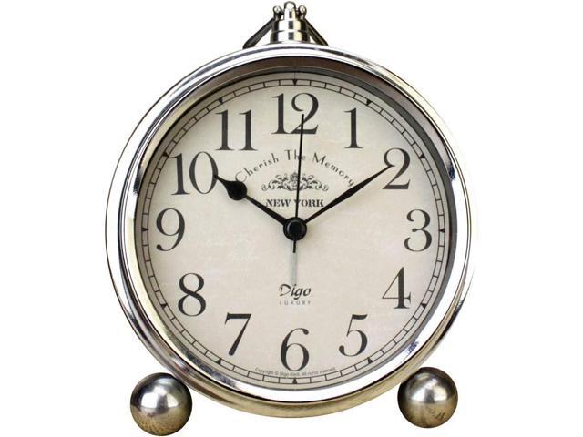 JUSTUP Vintage Table Clock, Iron European Style Desk Clock Battery Operated Non-Ticking Mantle Clock for Home Decor (Silver)