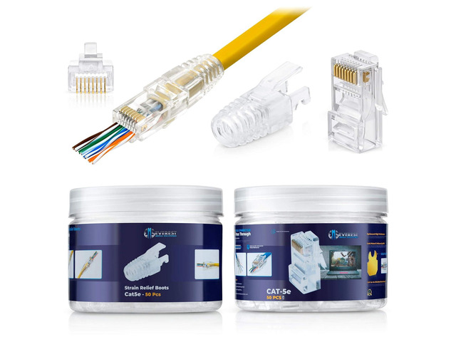 Everest Media Solutions RJ45 Cat5e Pass Through Connectors and Strain Relief Boots - Pack of 50/50 EZ to Crimp Modular Plug for Solid or Stranded...