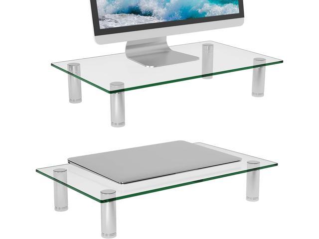 WALI Tempered Glass Monitor Riser Dual Computer Desktop Stand Height Adjustable Table Top for Flat Screen LCD LED TV, Laptop, Notebook, Display. photo