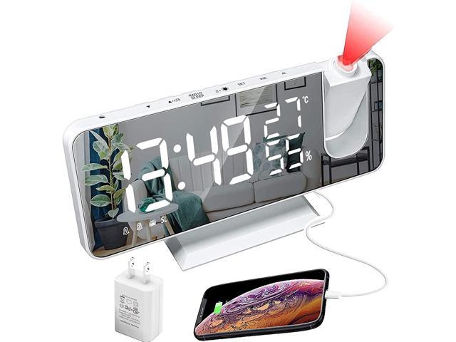 Projection Alarm Clock, LED Digital Alarm Clock with Mirror Surface, USB Charging Port, Snooze, FM Radio, Temperature and Humidity, 12/24H Setting.