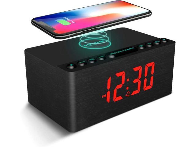ANJANK Wooden Digital Alarm Clock FM Radio,Qi Certified Fast Wireless Charger Station for iPhone/Samsung,Dimmable LED Display,USB Charging...