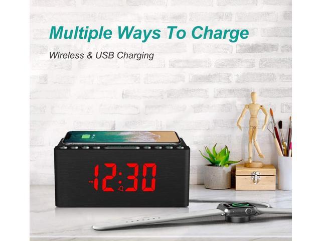 ANJANK Wooden Digital Alarm Clock FM Radio,Qi Certified Fast Wireless Charger Station for iPhone/Samsung,Dimmable LED Display,USB Charging...