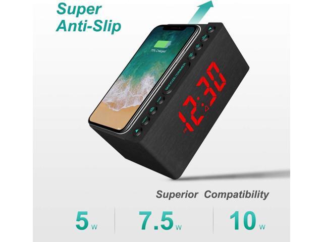 ANJANK Wooden Digital Alarm Clock FM Radio,Qi Certified Fast Wireless Charger Station for iPhone/Samsung,Dimmable LED Display,USB Charging...