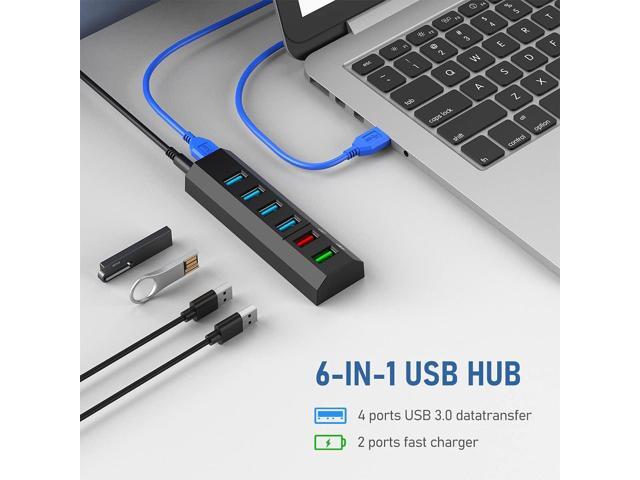 USB Hub, Aiibe 6 Ports Super High Speed USB 3.0 Hub Splitter + 24W Power Adapter + USB 3.0 Cable, Black Smart Fast Charger Powered USB Hub for...