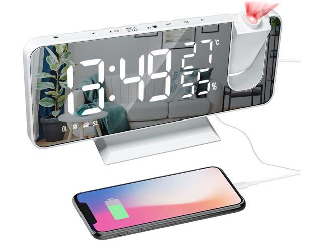 Alarm Clock,7.4 Inch Digital LED Clock with Mirror Surface, Digital Smart Alarm Clock with USB Charger,180 Rotatable Projector, Dual Alarm, FM.