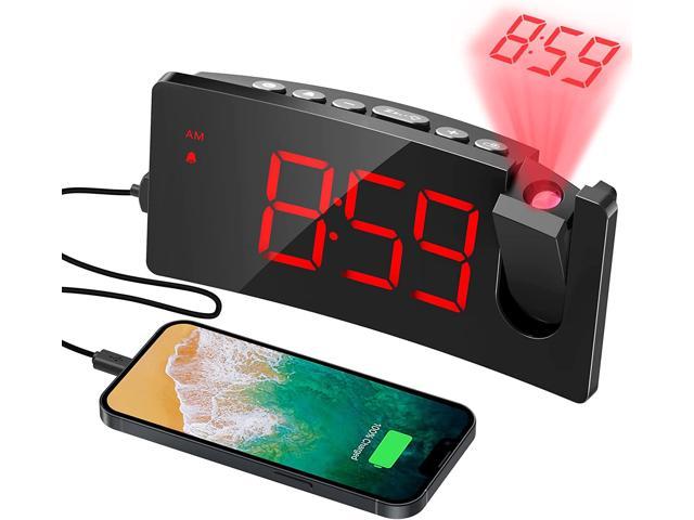 Projection Alarm Clock for Bedrooms, USB Phone Charging Port, 180 Rotable 5" LED Curved-Screen, 3 Dimmer, Snooze, 12/24H Digital Clock for Decor.