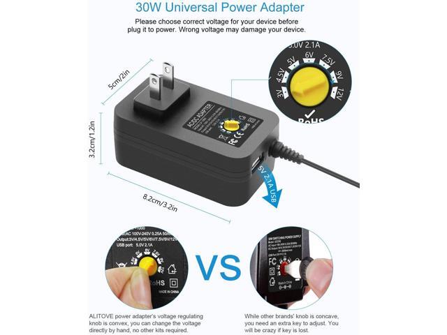 ALITOVE 30W Universal AC to DC Power Supply Adapter 3V to 12V Adjustable with 14Adapter Tips & USB Port for Household Electronics Routers 2.5A Max
